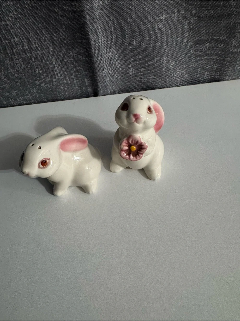 Vintage Avon Ceramic Bunny salt and pepper set with Pink Accents